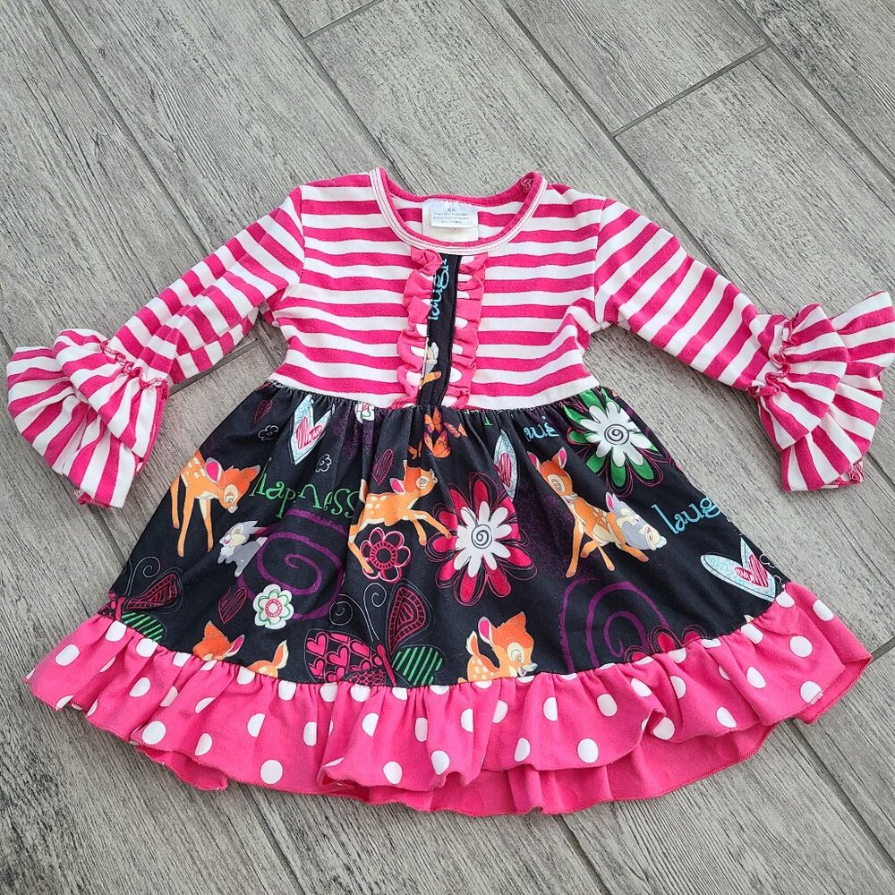 Little girl Bambi tunic dress pink & white striped Thumper floral ruffles sz XS
